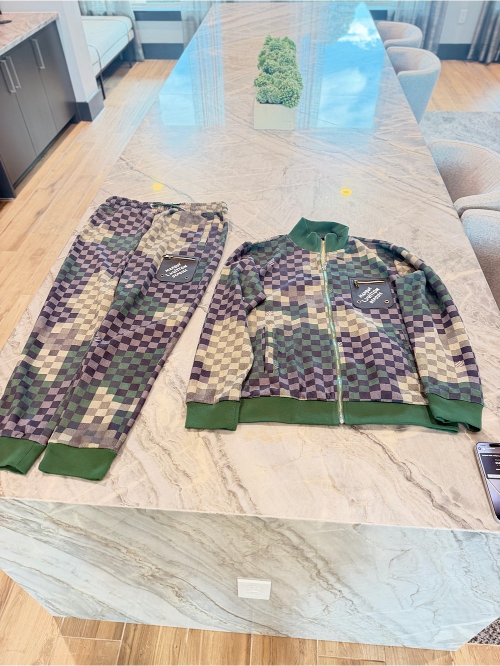 Louis Vuitton Green, Beige and Black Checkerboard Track Jacket & Joggers